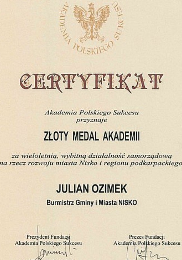 Złoty Medal Akademii Polskiego Sukcesu dla Juliana Ozimka
