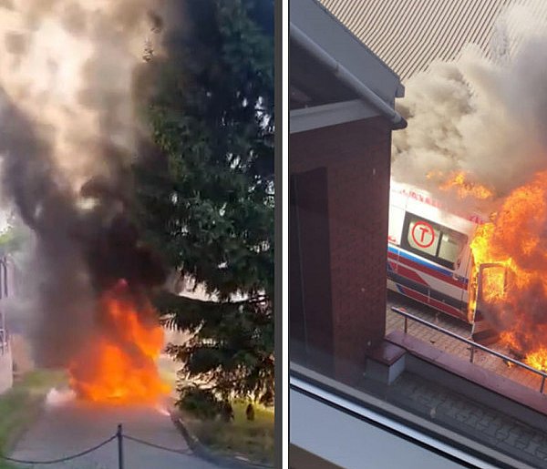 Karetka spłonęła tuż przed drzwiami szpitala!-10719